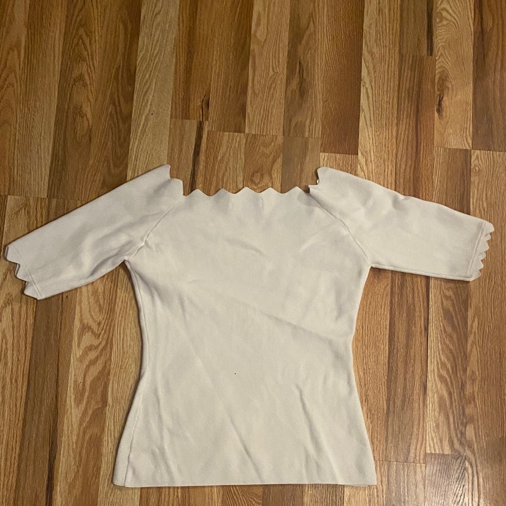 Scalloped Neck Short Sleeve Knit Top - Cream - Picture 6 of 6